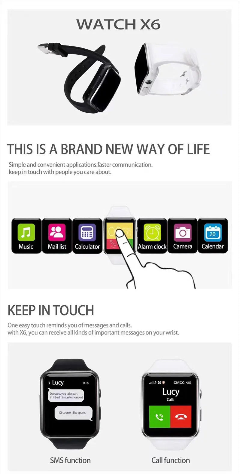Black smart watch with 1.54 inch touch screen on a silicone strap, showing digital watch face.
