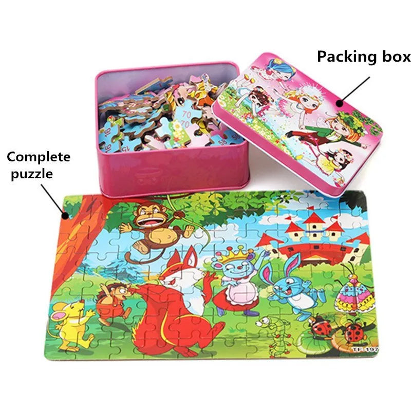 80 piece wooden animal jigsaw puzzle in iron box with non-toxic paint for children aged 3+