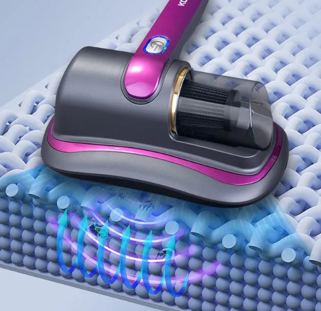 Blue home mite removal instrument with UV sterilization and wireless vacuum cleaner on a bed