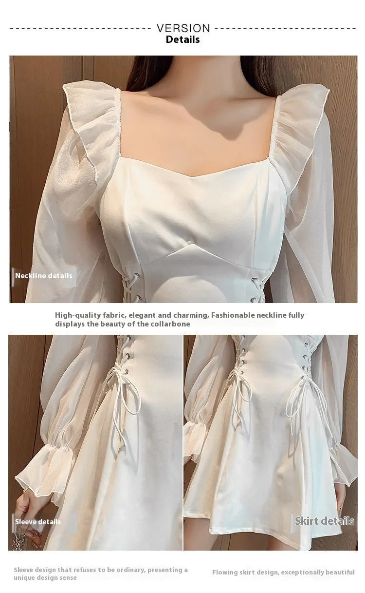 White women's long sleeve chiffon patchwork dress with a waist-slimming fit and long skirt.