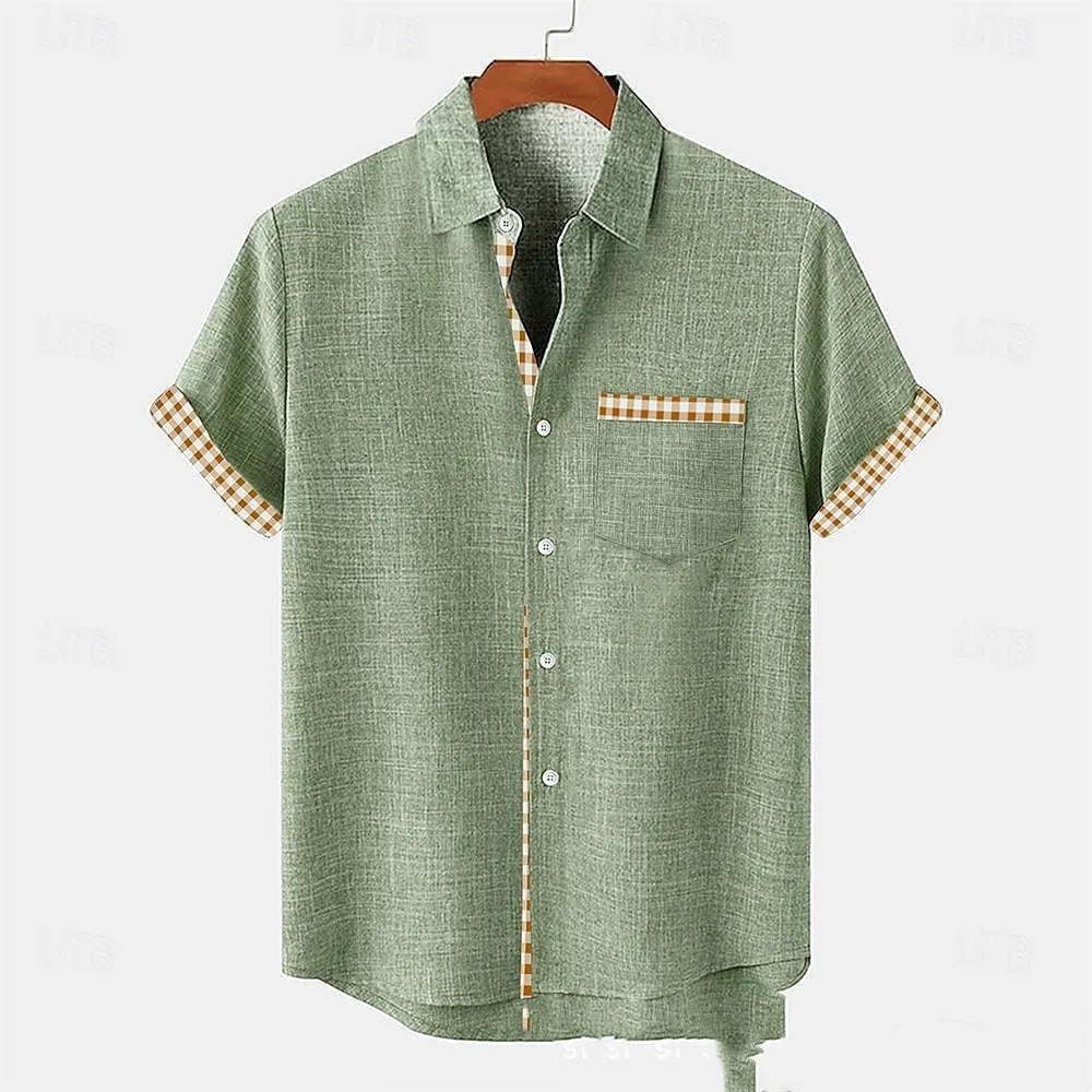 Loose-fit linen short-sleeved top with an ocean fish pattern embroidered on the lapel