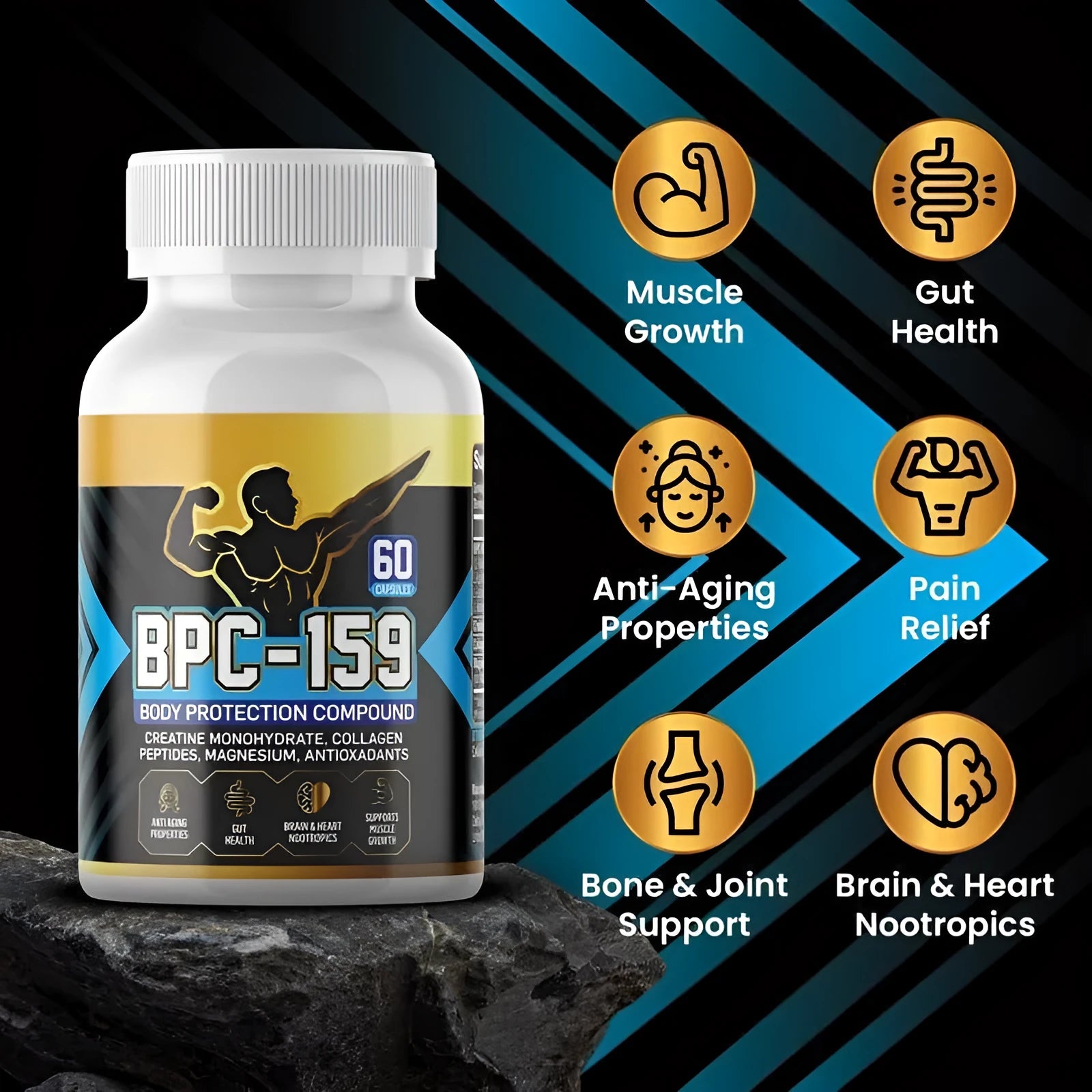 Bottle of body energy supplement capsules, a dietary supplement for skin health