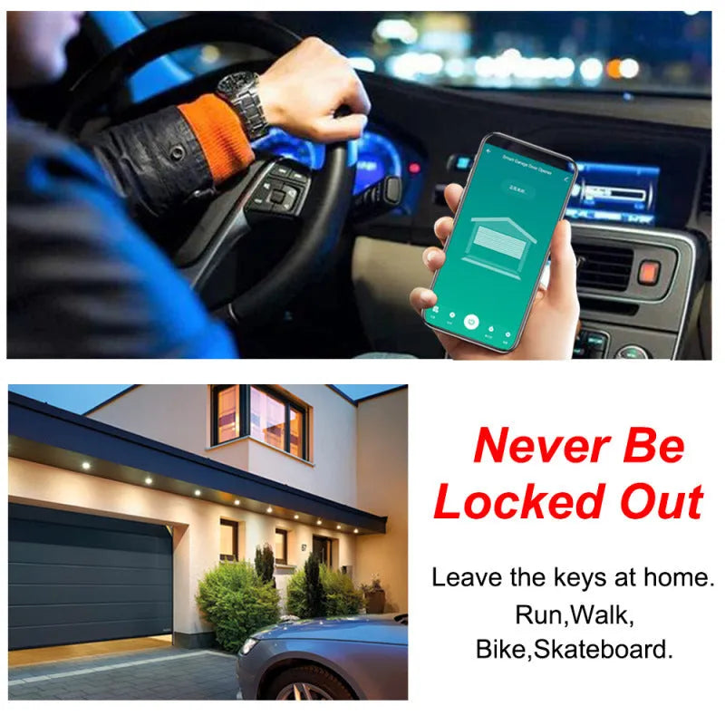 Black plastic WiFi garage door controller with remote smartphone app and voice control.