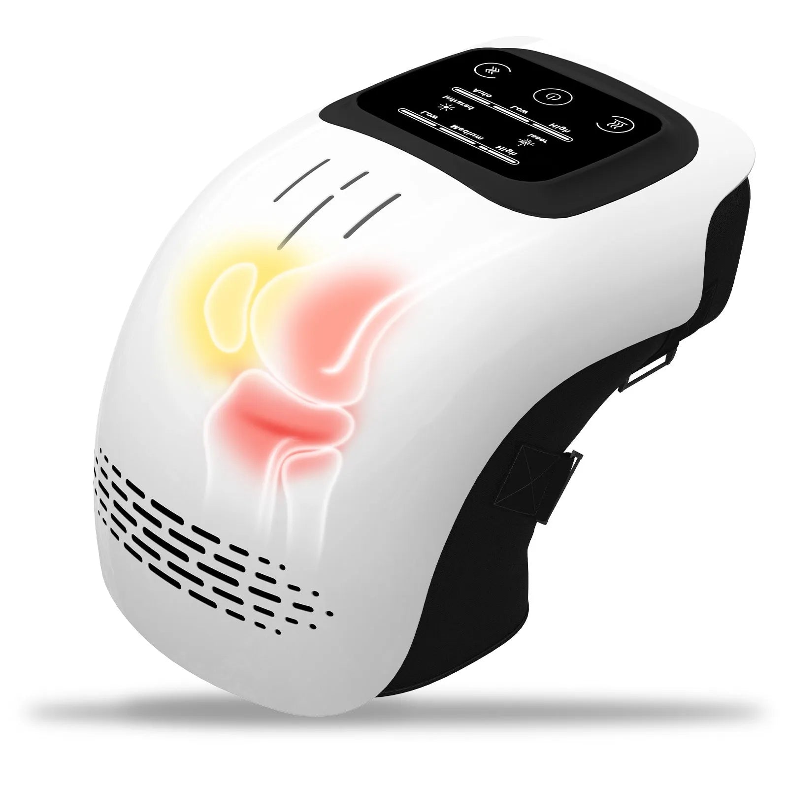 Rechargeable electric knee massager in white or wood colour with USB charging cable
