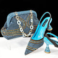 Women's pointed toe high heels with a matching small bag in synthetic leather, shown with a wine glass heel.