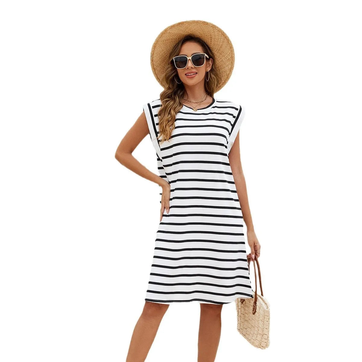 Black and white striped polyester beach cover-up blouse for women with free size fit