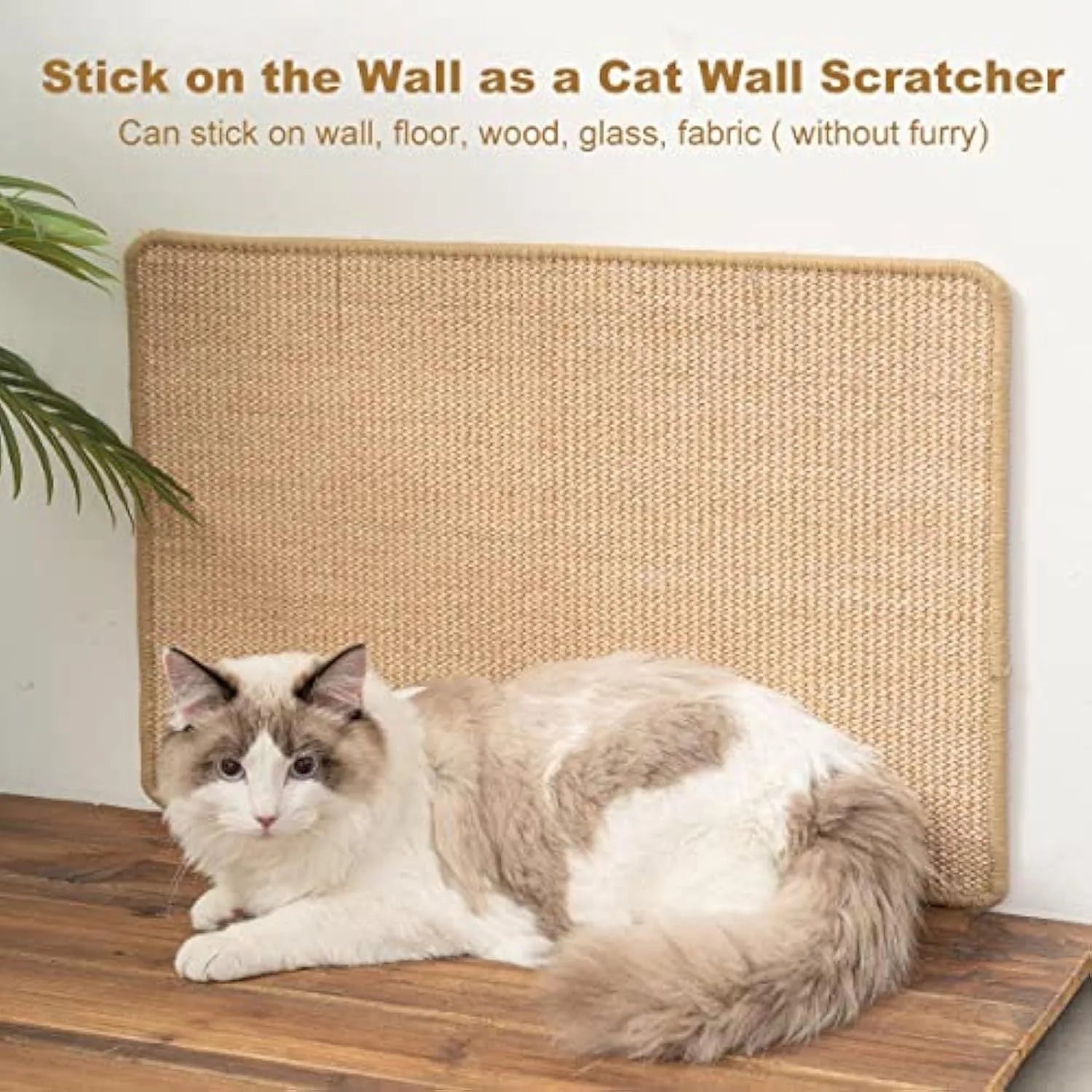 Natural sisal cat scratch pad with adhesive hook and loop tape for indoor cats, 23.6x15.7 inch standard size