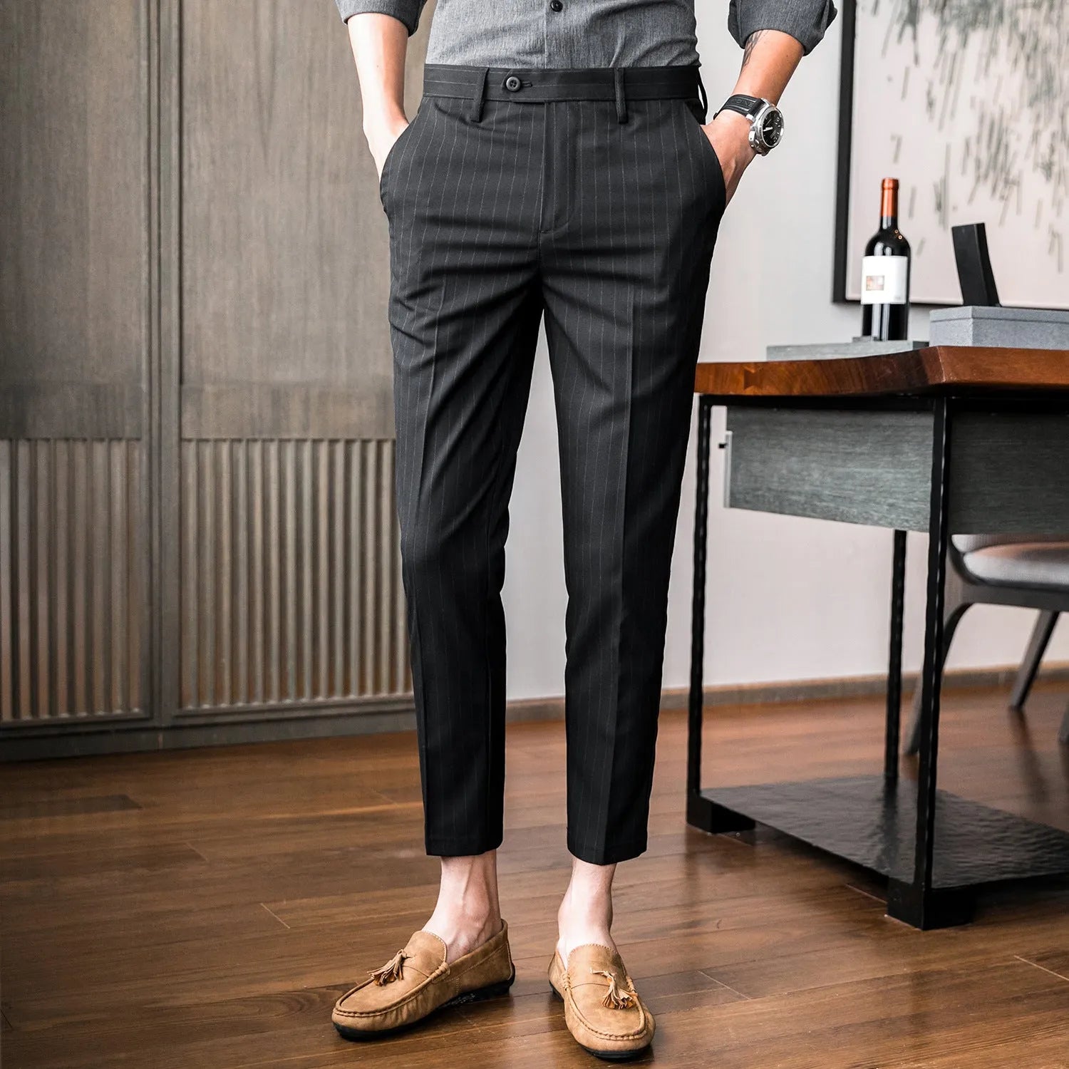 Slim-fit Korean-style youth business suit pants in light gray, straight-leg polyester blend with micro-elastic fabric