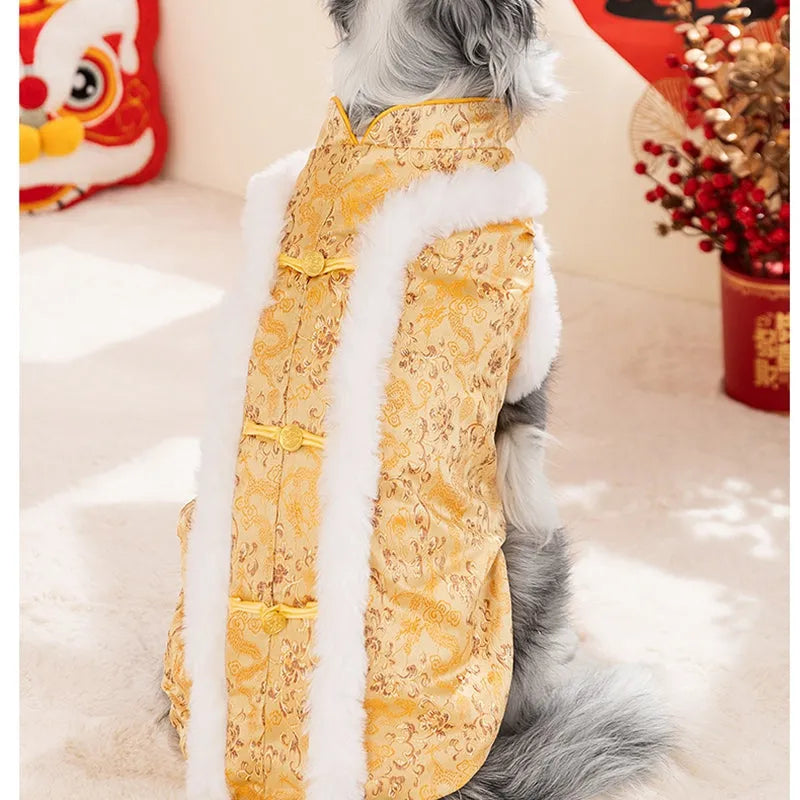 Red brocade pet dog Tang suit with dragon embroidery, faux fur trim, and knot buttons on a large dog