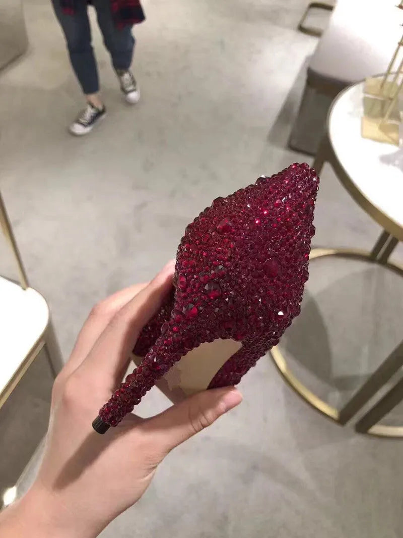 Women's gold pointed toe high heels with rhinestone sequin decoration and stiletto heel