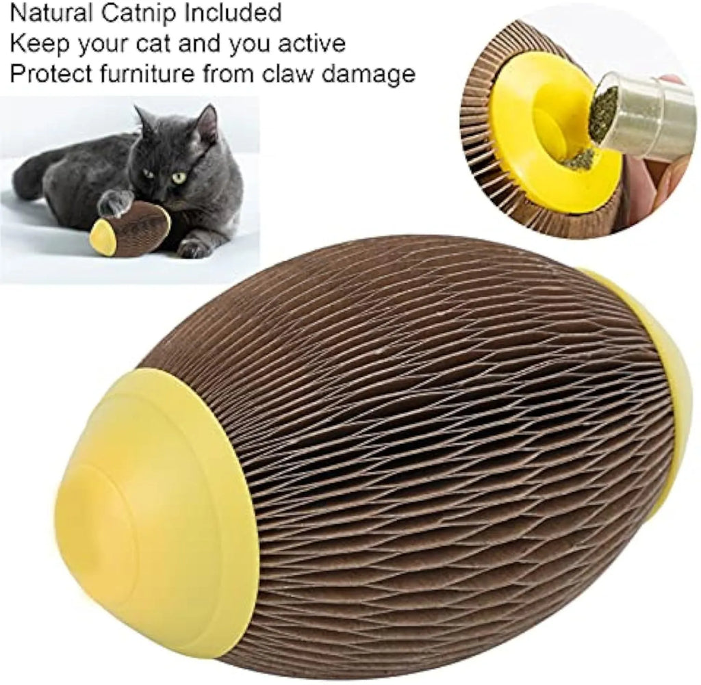 Elliptical corrugated paper catnip football toy for scratching and play