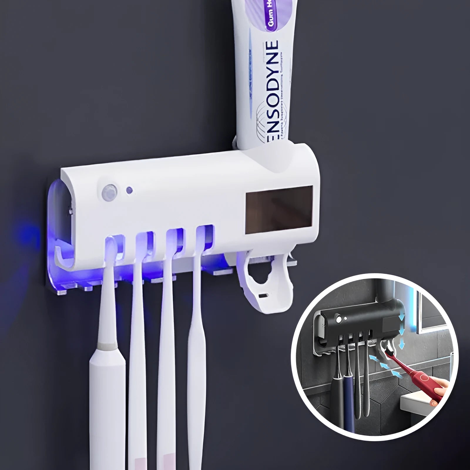Intelligent UV toothbrush steriliser unit with automatic toothpaste squeezer mounted on wall