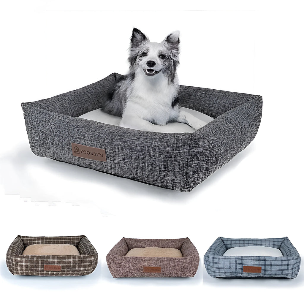 Square grey linen dog bed for a medium-sized dog.