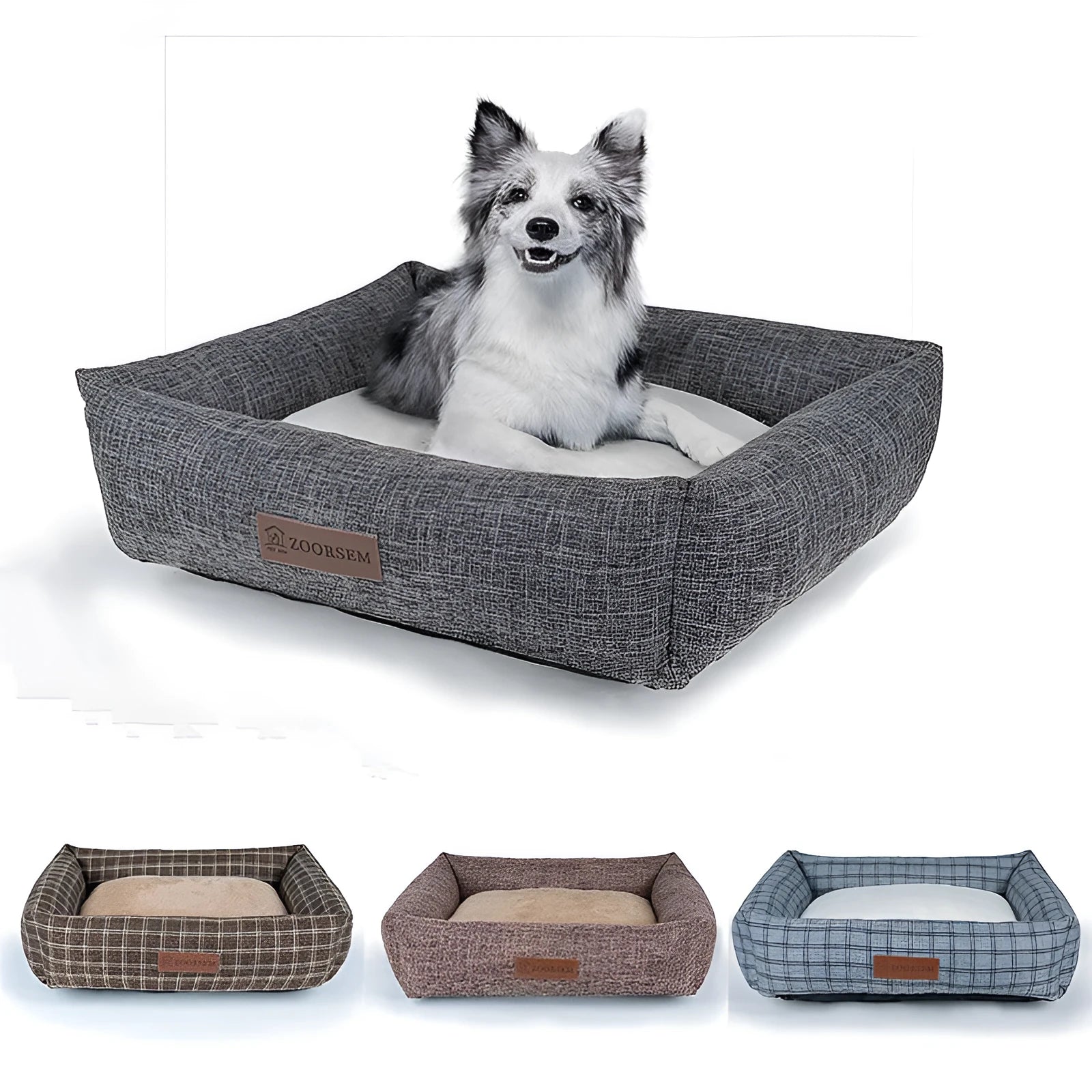 Square grey linen dog bed for a medium-sized dog.