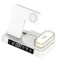 White 4-in-1 wireless charging station with foldable design showing phone charging, alarm clock display, and RGB night light