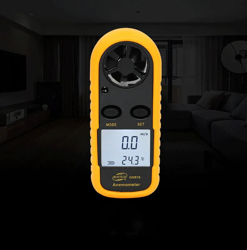 Biaozhi GM816 orange digital handheld anemometer showing wind speed display