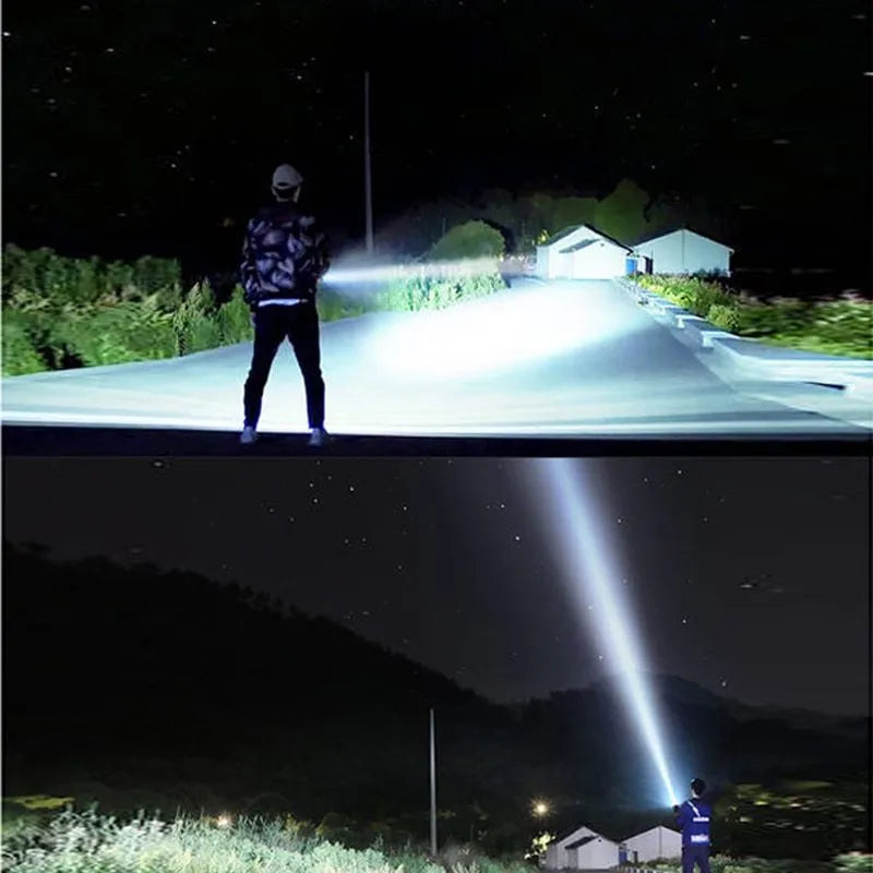 Black aluminium alloy LED flashlight with large head, shown with USB cable and yellow packaging box.