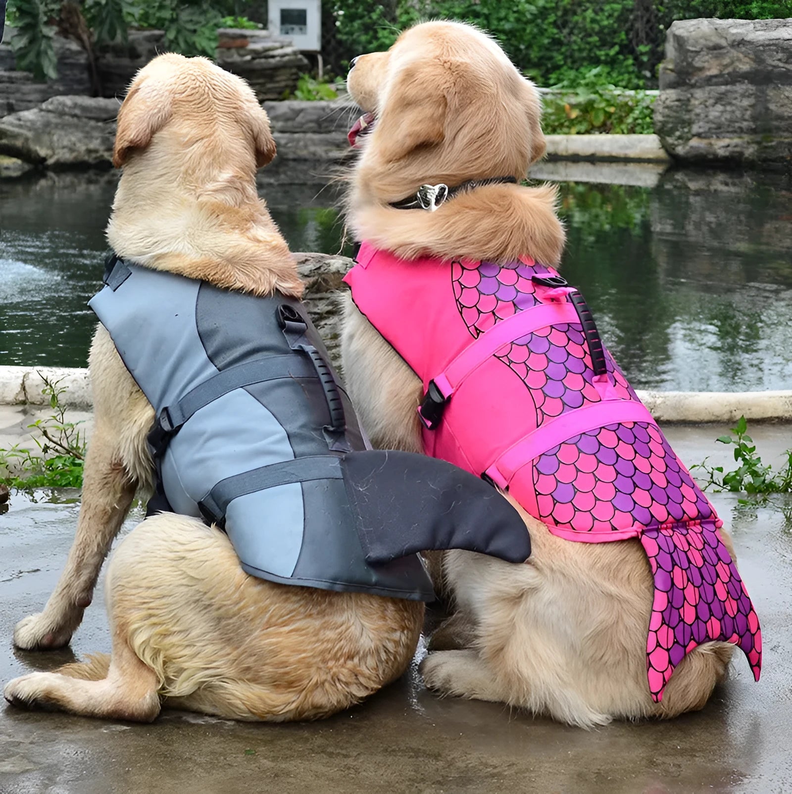 Mermaid shark dog life vest for small and large dogs in polyester with adjustable straps