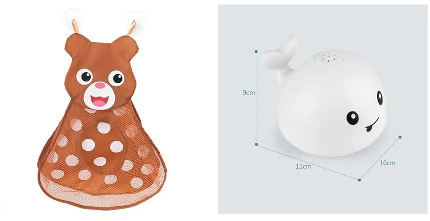 Automatic electric whale bath toy spraying water with LED lights on, floating in a baby bath.