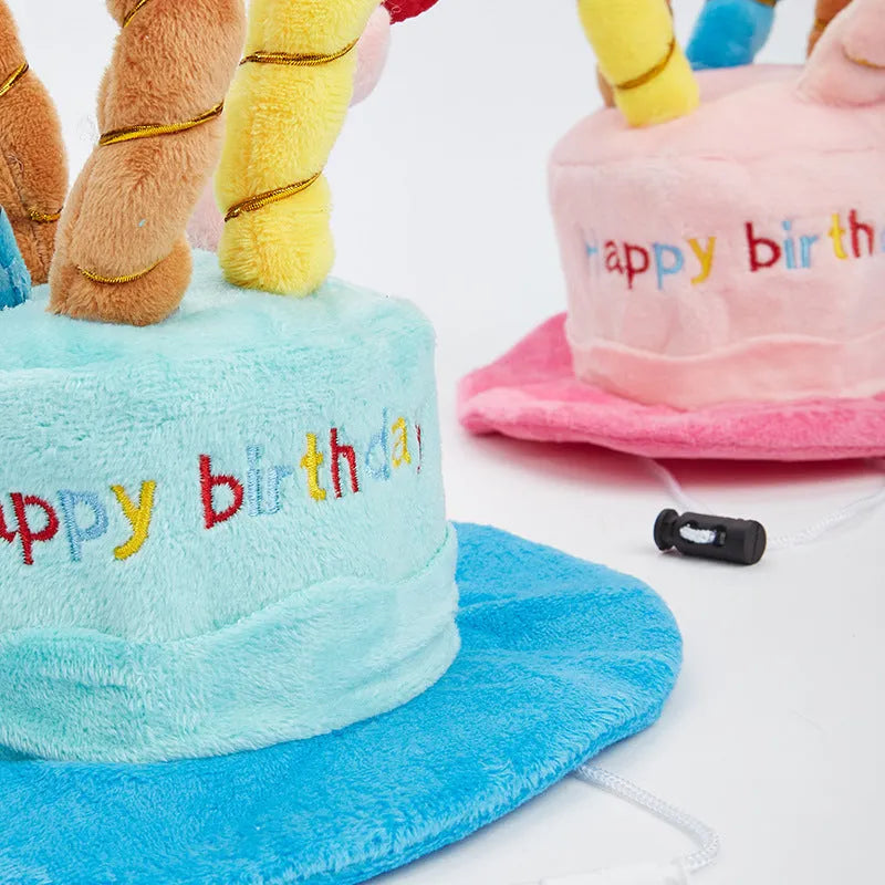 Blue and pink birthday hat for dogs on a white background.