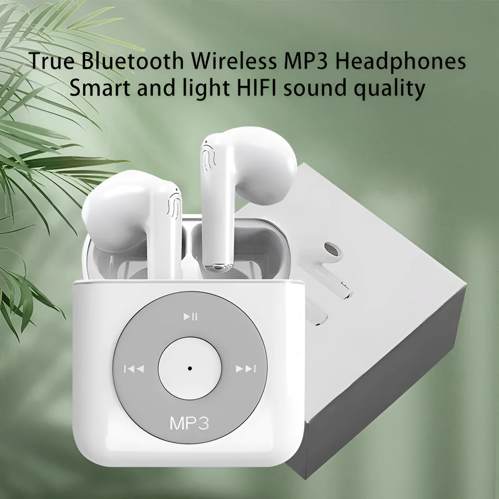 White wireless Bluetooth semi in-ear earphones with charging case on a solid background.