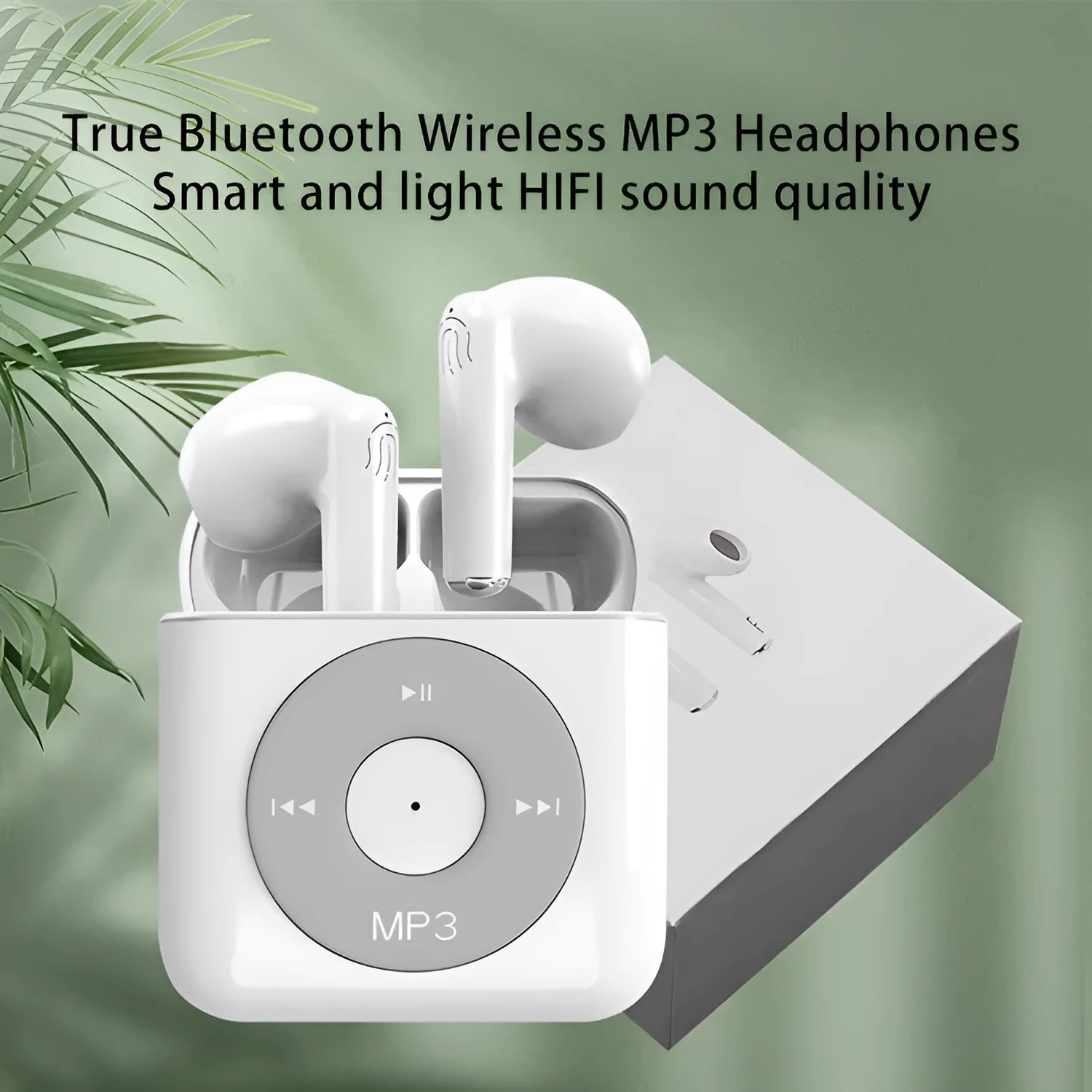 White wireless Bluetooth semi in-ear earphones with charging case on a solid background.
