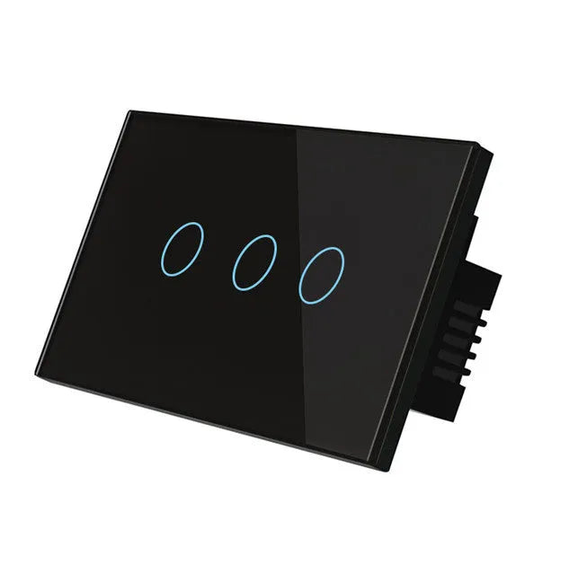 White wireless RF touch light switch with tempered glass panel showing red and blue LED indicators