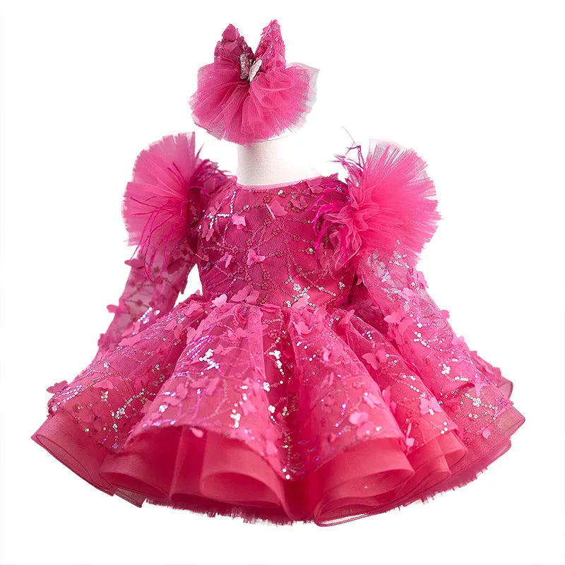 Rose red butterfly sequined long sleeve princess dress for girls, available in sizes 80cm to 160cm with trailing skirt option
