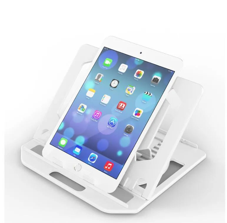 Adjustable notebook stand in black engineering plastic with seven angle positions on a desk
