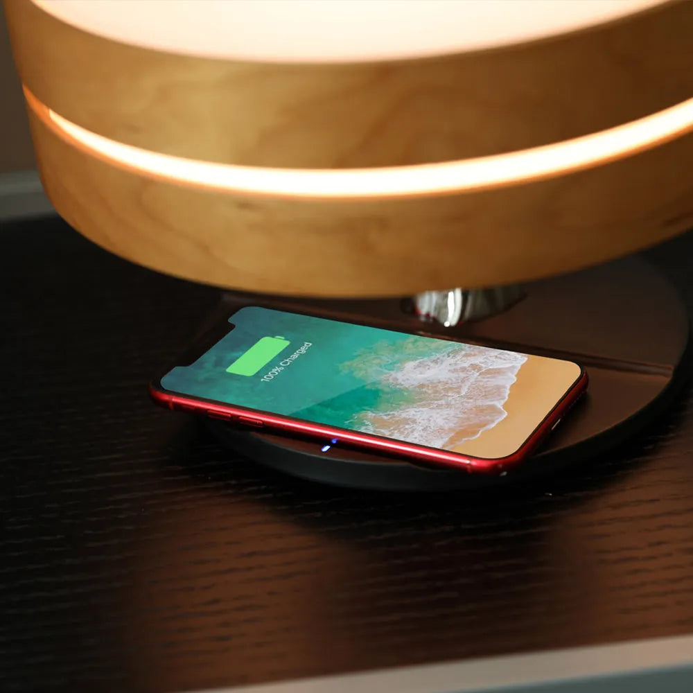 Round intelligent music Bluetooth speaker bed lamp with WiFi and wireless charging in maple brown