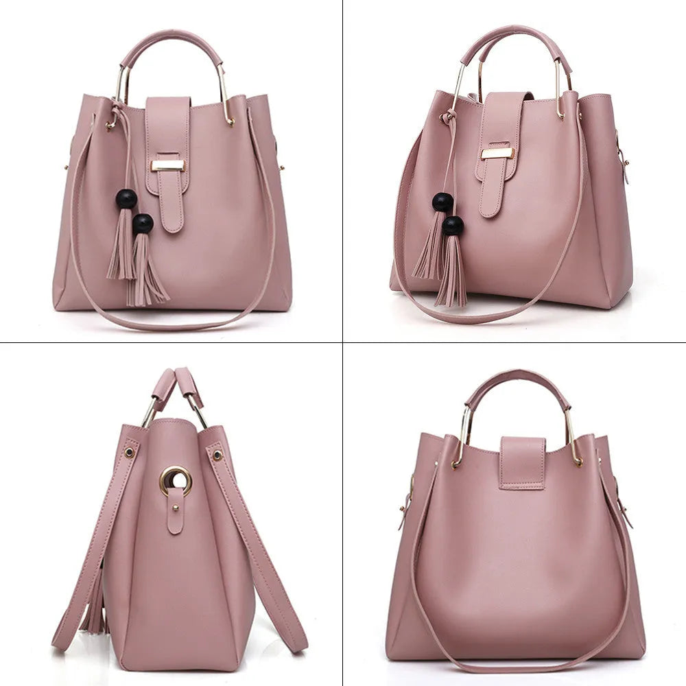 Women's 3-piece PU leather handbag set with shoulder bag, crossbody bag, handbag, tassel and metal handle
