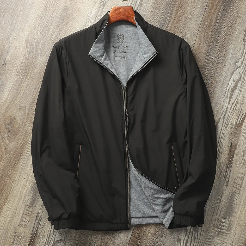 Men's stand collar casual jacket in Army Green, shown on a model, regular fit.