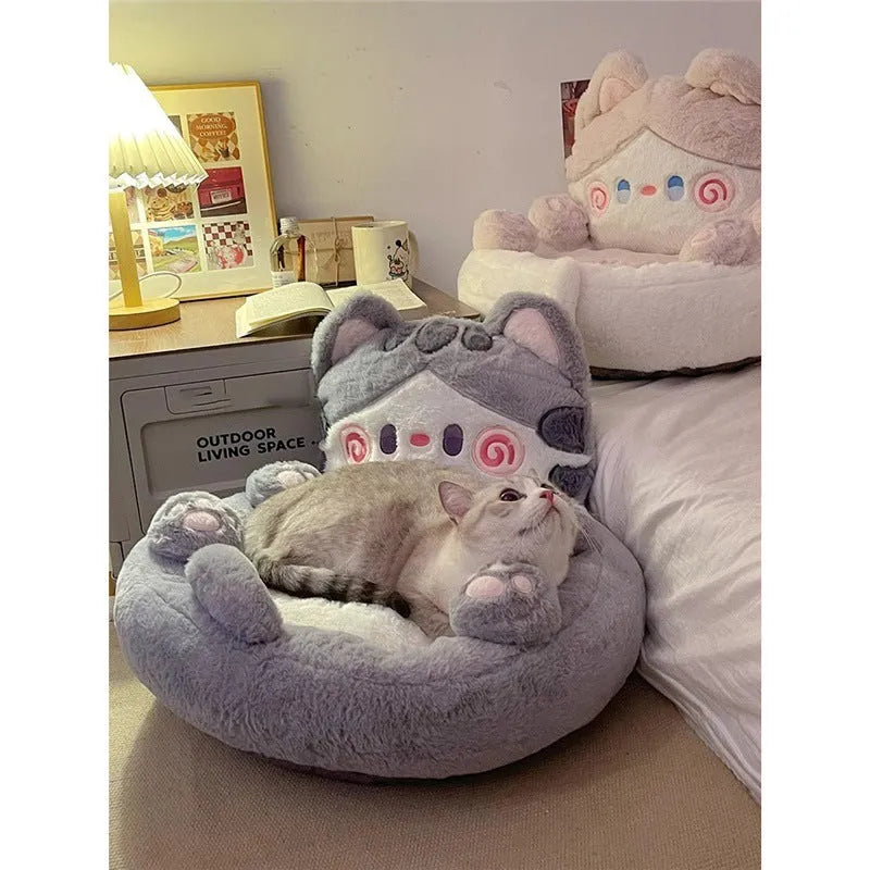 Cat nest wooden frame hug-style pet bed in big eyes blue colour with raised sides for small cats