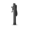 Black aluminium alloy Bluetooth selfie stick tripod extended with phone attached, showing remote control.