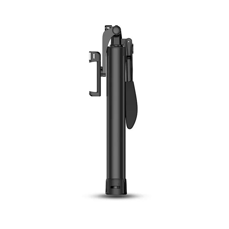 Black aluminium alloy Bluetooth selfie stick tripod extended with phone attached, showing remote control.