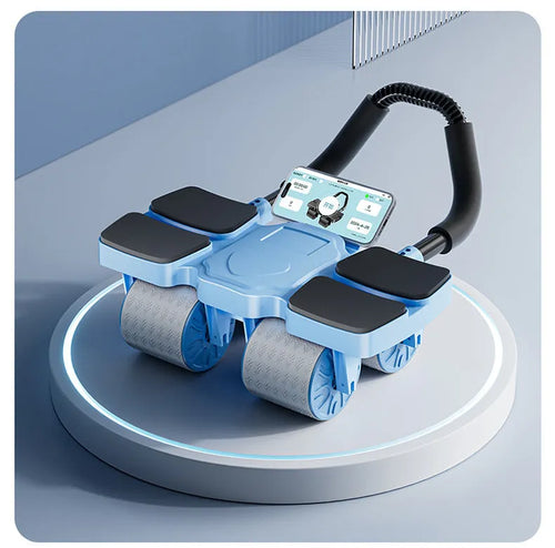 Black abdominal exercise wheel with four wheels and automatic rebound mechanism