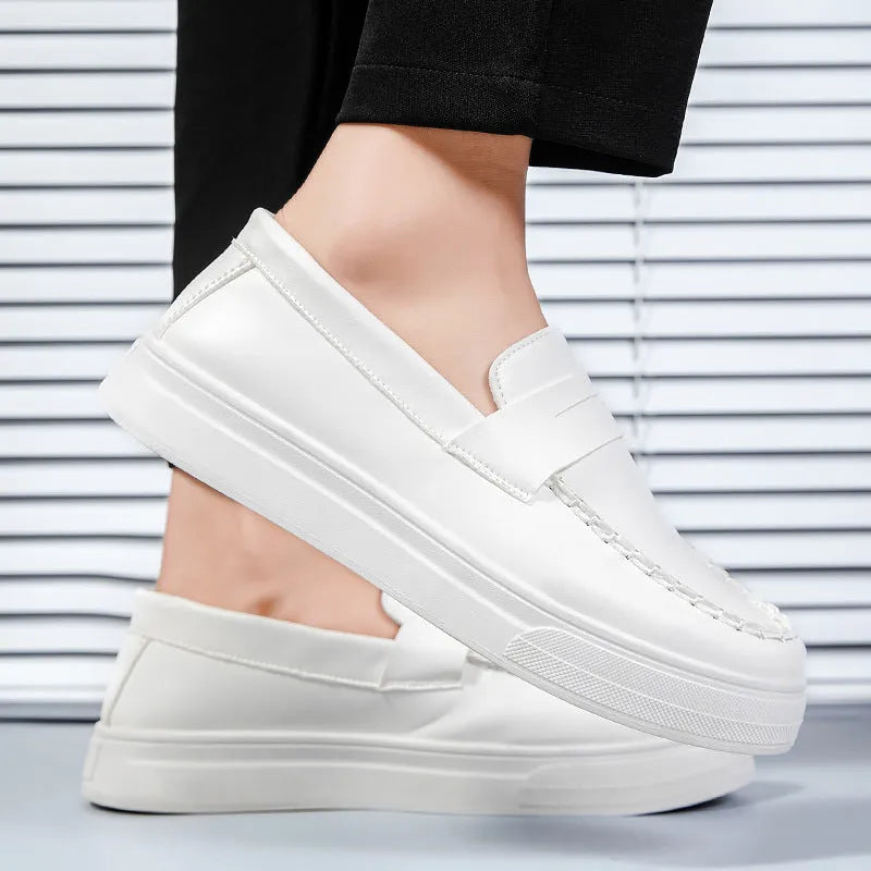 Men's casual slip-on loafers in PU leather with round toe, shown in white, black and white, and khaki colours