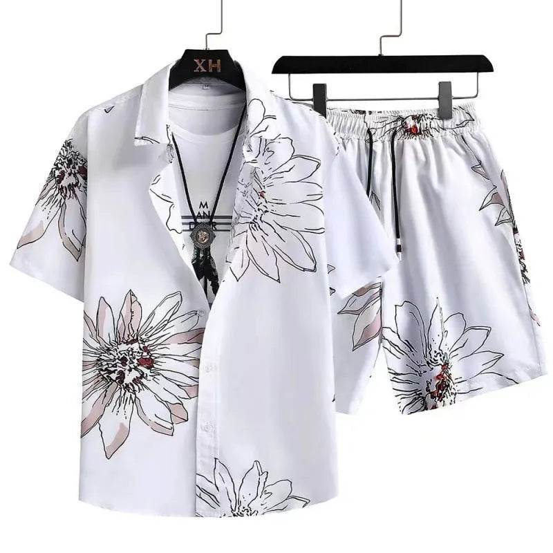 Man wearing a digitally printed short sleeve cardigan and matching shorts from a casual suit set.