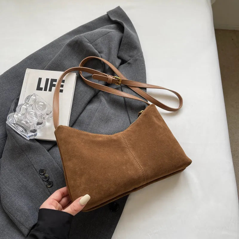 Retro soft PU underarm bag bucket shape with sandwich pocket sewing line detail black brown coffee colours