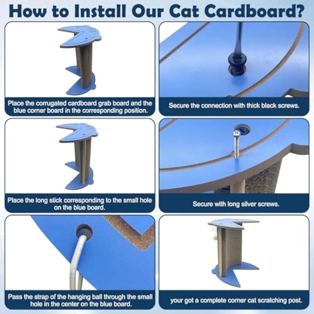 Grey cardboard corner cat scratcher with hanging ball toy attached