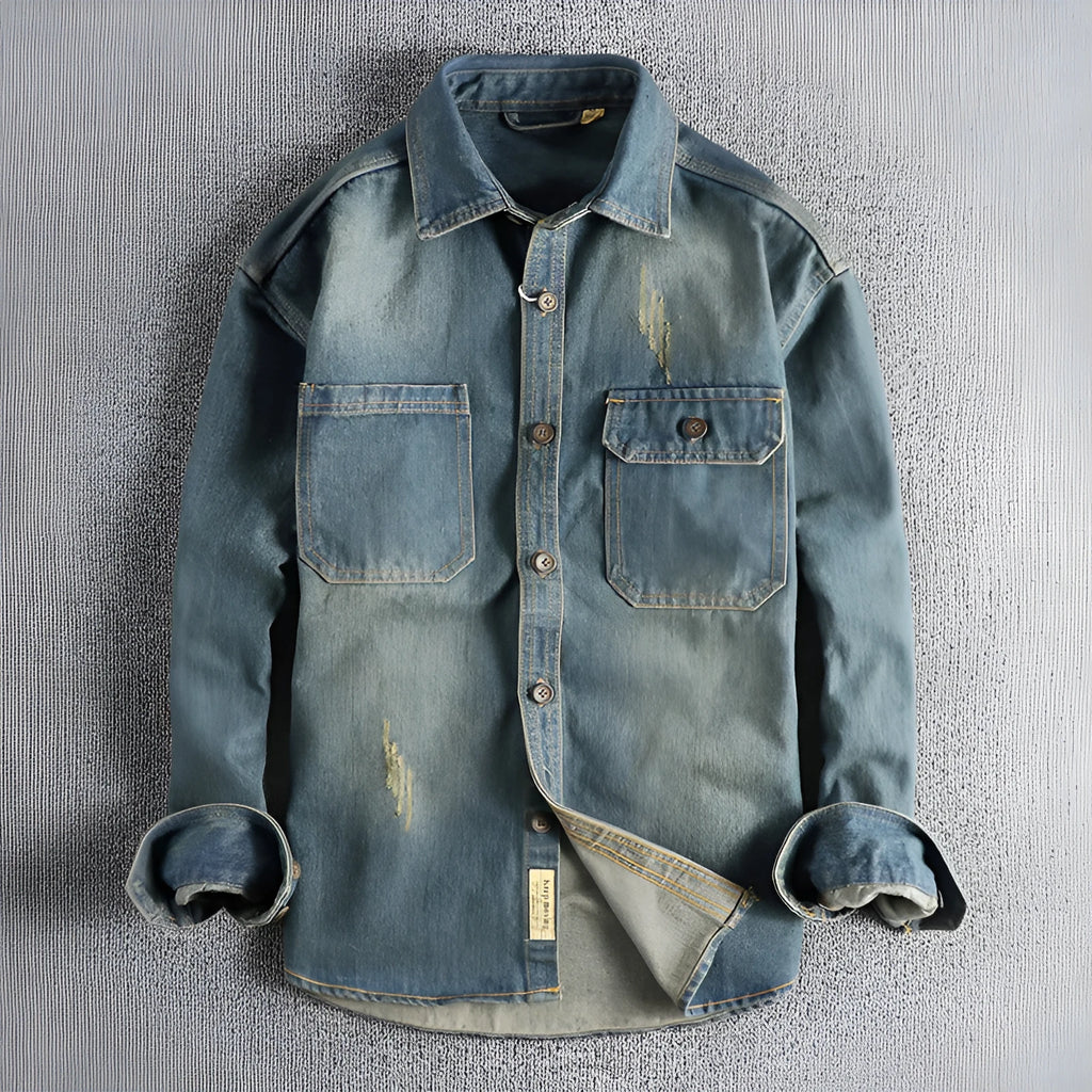 Men's washed vintage denim shirt in light blue and dark blue showing loose cardigan style and long sleeves