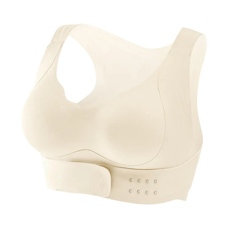 Women's front buckle exercise bra in black, white, or liquid foundation colour with 3/4 cup and double shoulder straps