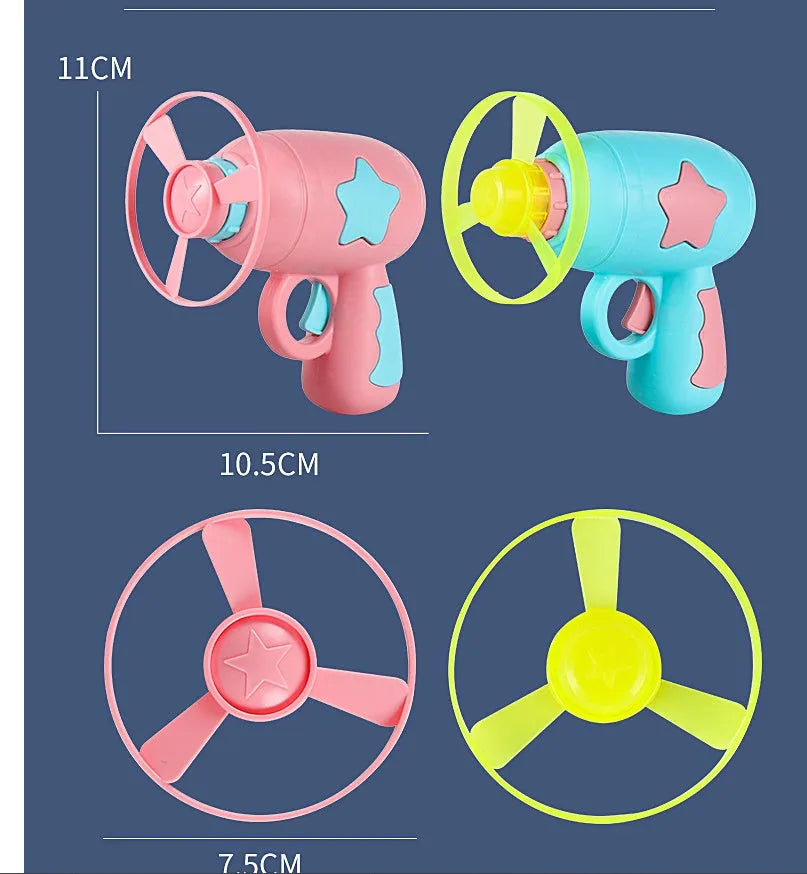 LED light-up flying saucer toy set with launcher gun, three glowing discs, and target board.