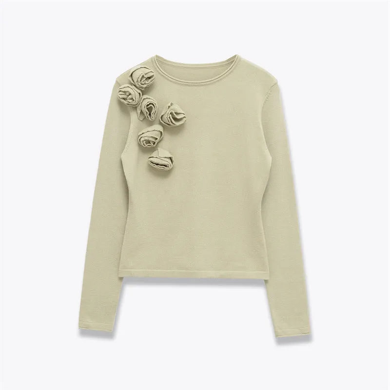 Women's round neck floral embellished striped knit sweater with long sleeves and contrast colour detail