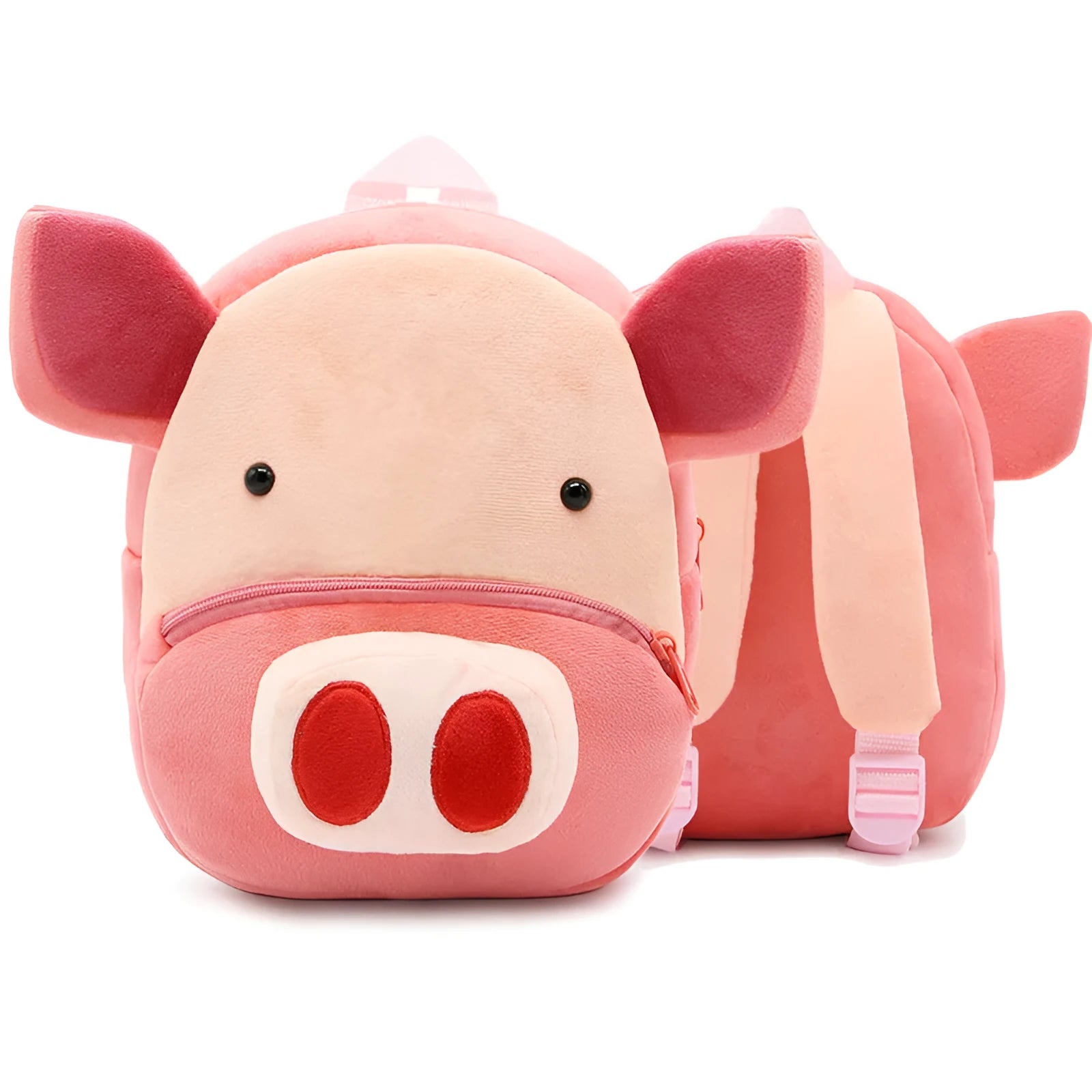 Children's plush animal backpack with elephant design showing dimensions and zipper opening