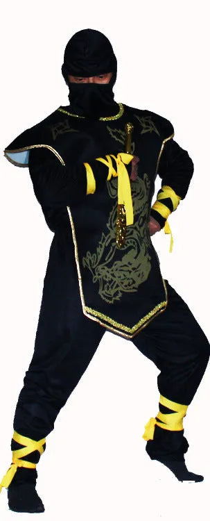 Adult high-end black ninja costume set with headgear, breastplate, top, pants, and golden laces