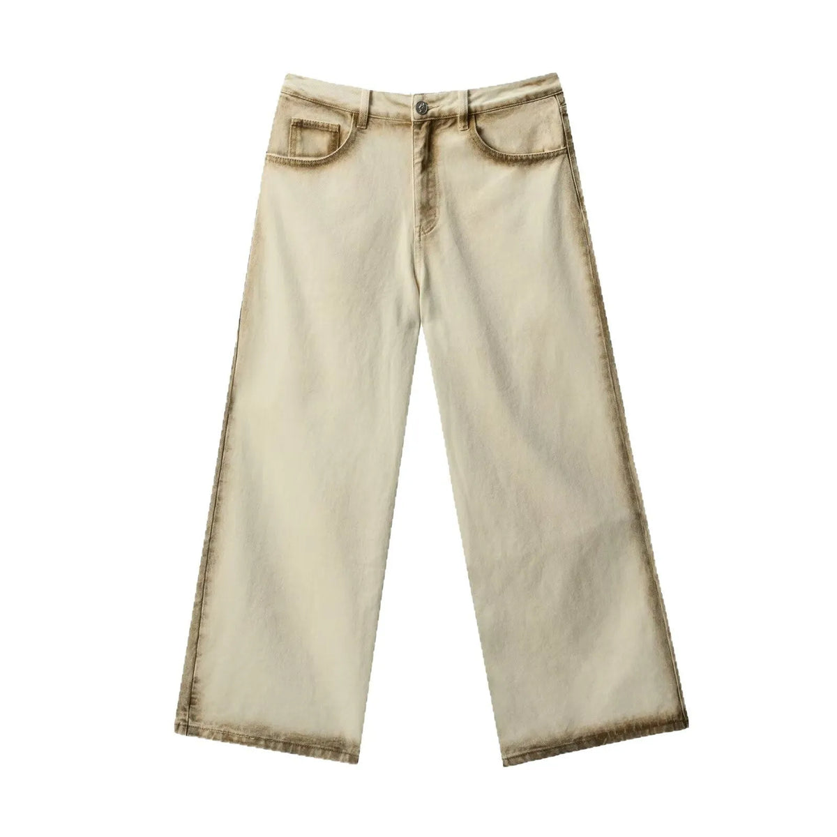 Loose straight retro floor-length cotton pants in beige with mid-rise waist