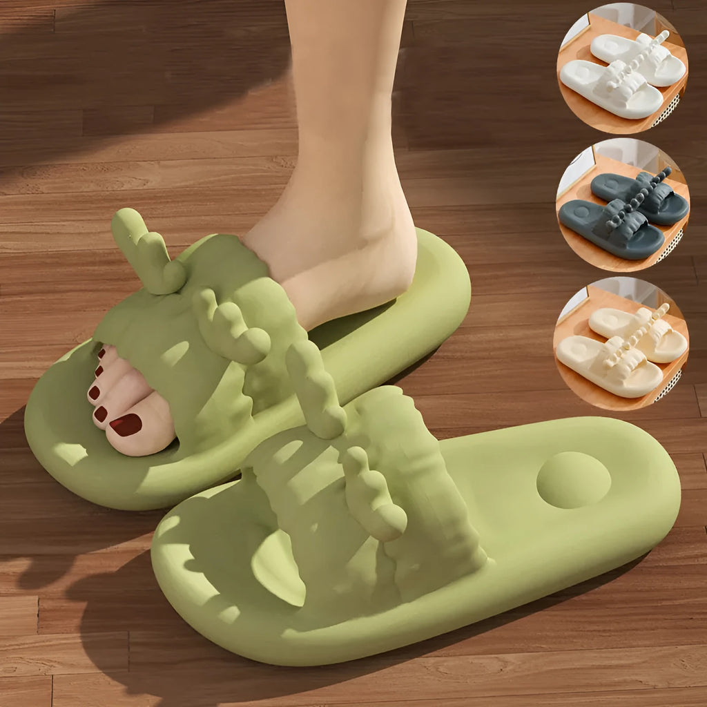 Women's deer horn pattern EVA flip-flop slippers in light yellow, showing hollow-out design and textured sole.