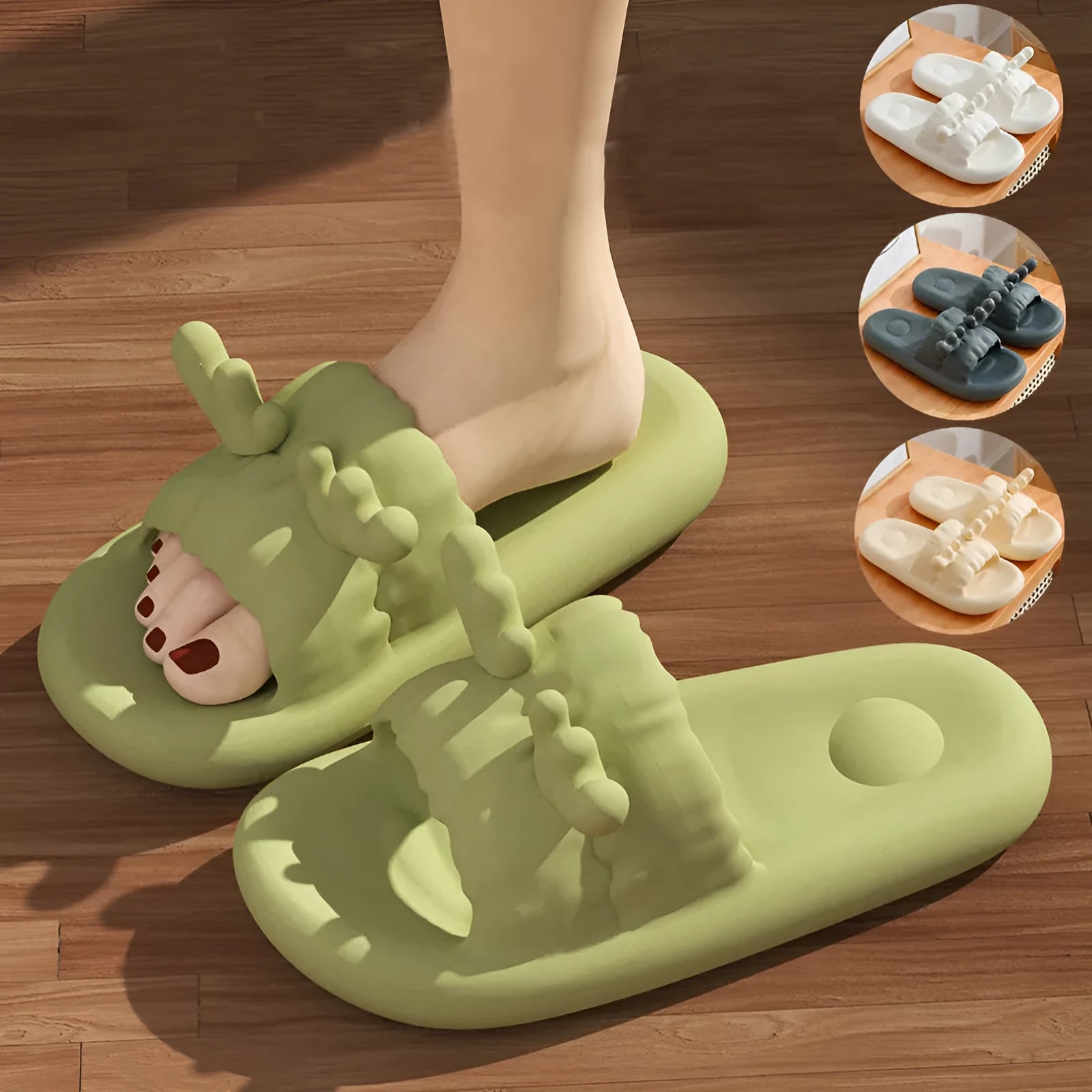Women's deer horn pattern EVA flip-flop slippers in light yellow, showing hollow-out design and textured sole.