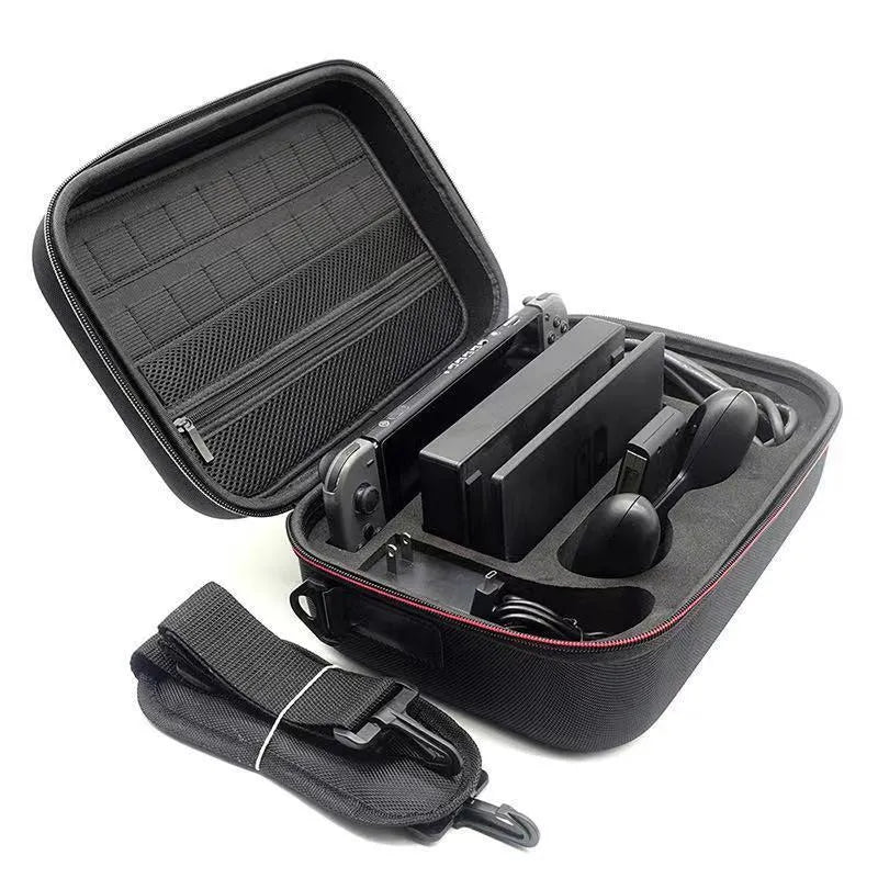 Black EVA game console storage bag showing two size options for organising controllers and accessories
